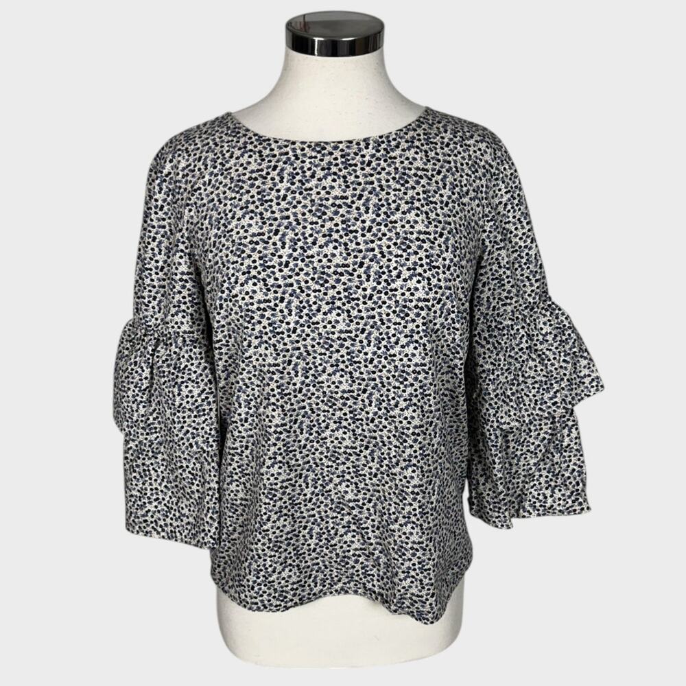 J. Crew Mercantile Size 6 Cotton Spandex Top 3/4 Bell Sleeves Blue Floral Print